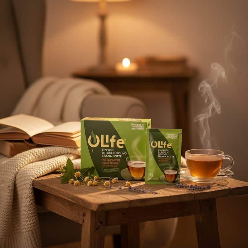 OLife® Tisana Notte: El Secreto de la Fitoterapia Avanzada para un Descanso Reparador 1 - 27 Caja y sobre de OLife® TISANA NOTTE junto a una taza de infusión caliente en un ambiente relajante de dormitorio