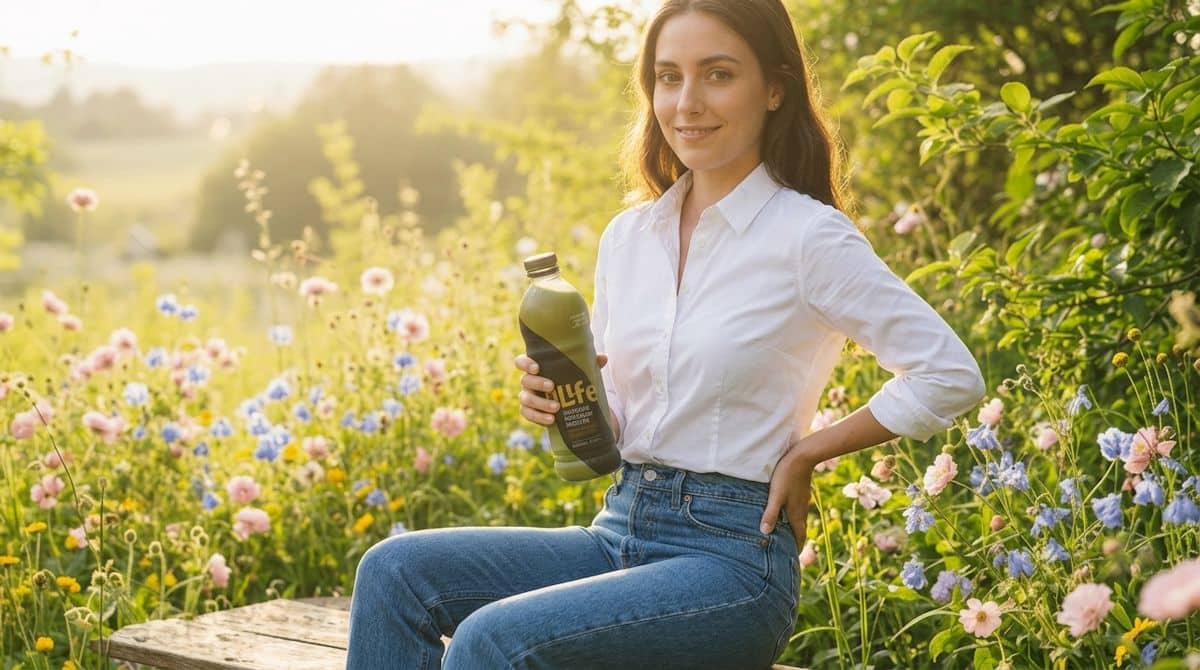 Olife infusión de hojas de olivo y salud digestiva Mujer sonriente en la naturaleza sosteniendo una botella de Olife, infusión de hojas de olivo para cuidar el sistema digestivo