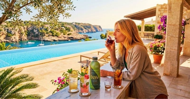 5 Bebidas Refrescantes con Infusión de Hoja de Olivo para Cuidarte este Verano 1 - 27 Mujer disfrutando de una infusión refrescante de hojas de olivo Olife frente a una piscina con vistas al mar mediterráneo.